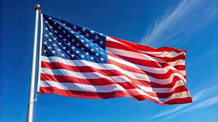Vibrant Stars and Stripes waving against a clear blue sky, with subtle wrinkles and folds, symbolizing freedom and patriotism on a sunny day.