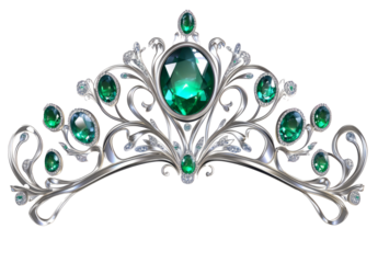 white gold tiara with green emeralds isolated on white background.	