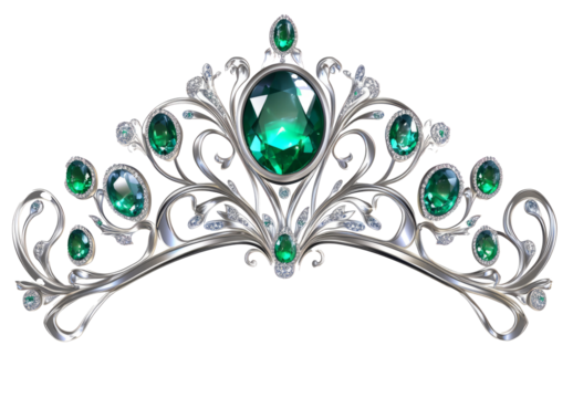 white gold tiara with green emeralds isolated on white background.	