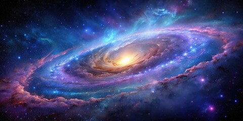 Obraz premium Vibrant, star-studded galaxy sprawls across a deep purple and blue nebula, with wispy clouds of gas and dust illuminated by distant celestial bodies.