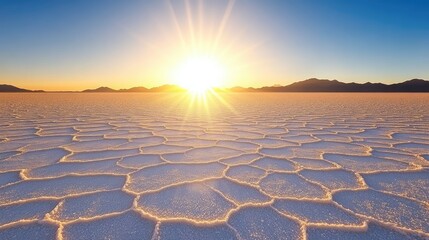 A vibrant sunrise over a vast, cracked salt flat, casting a warm golden glow across the landscape.