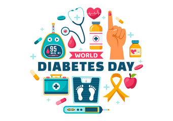 World Diabetes Day Vector Illustration on 14 November with Doctors Testing Blood for Glucose and Measuring Sugar in a Flat Style Cartoon Background