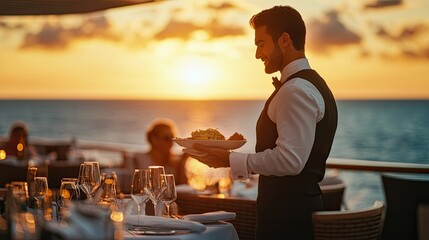 Elegant Waiter Serving Dinner on Cruise Deck at Sunset