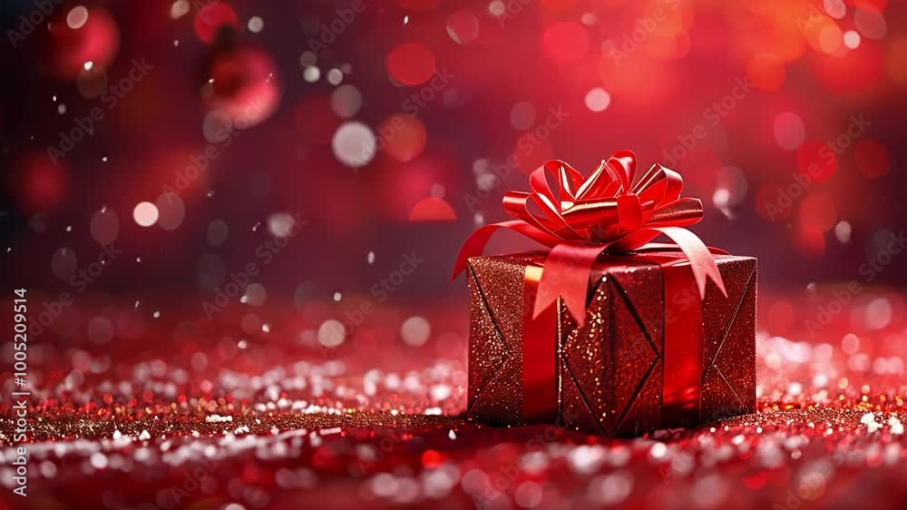 Poster a beautifully wrapped red gift box sits in the center, adorned with a shiny bow. snowflakes gently f