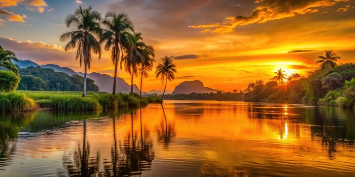 Vibrant sunset casts a warm orange glow on the serene waters of Rio Nilo, surrounded by lush greenery and majestic palm trees in the distance.