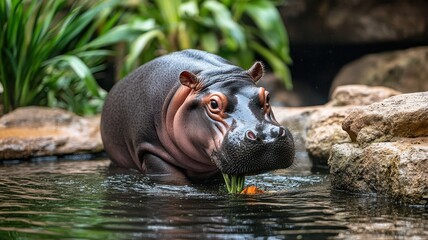 Fototapeta premium A hippopotamus relaxing in a natural setting with lush greenery.