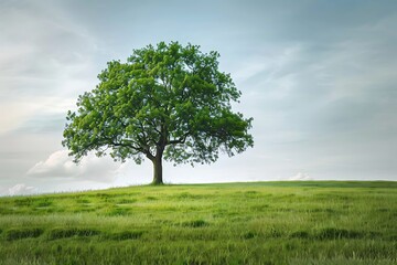 Obraz premium Oak tree in a field on a background of blue sky with clouds