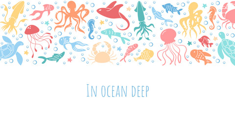 Underwater ocean banner with various marine creatures in vibrant water colors. Sea life such as crabs, turtles, and octopuses fill the underwater world at graphic background design template.