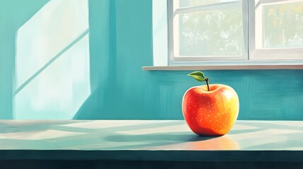 Glossy Red Apple with a Leaf on a Wooden Desk, Captured in a Illustration with a Subtle Shadow