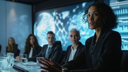 Diverse business professionals in a high-tech conference room during a meeting.