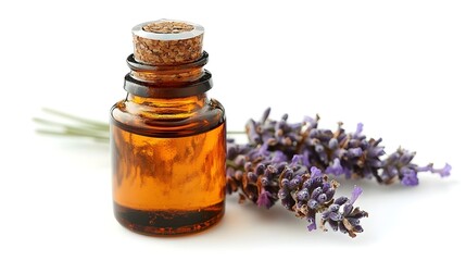 Pure Relaxation: Glass Bottle of Lavender Essential Oil with a Fresh Sprig, Isolated on a White Background