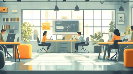 Illustration of Professional Meeting Room with People Discussing Charts and Graphs, Business Collaboration