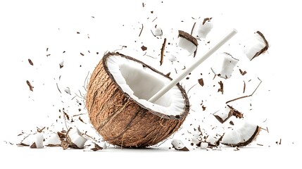 Refreshing Coconut Water in Freshly Cracked Coconut with Straw, Isolated on White Background