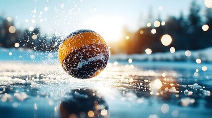 Close-Up of Ball Bouncing on Ice with Sunshine in the Background, Playful Winter Scene