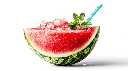 Tropical Refreshment: Half Watermelon Served with Straw and Mint Sprig, Isolated on White