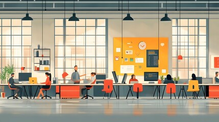 Illustration of Professional Meeting Room with People Discussing Charts and Graphs, Business Collaboration