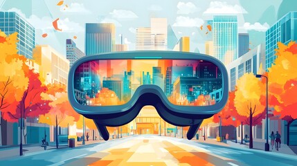 Close-Up of Futuristic Virtual Reality Headset with City in the Background, High-Tech Urban Scene