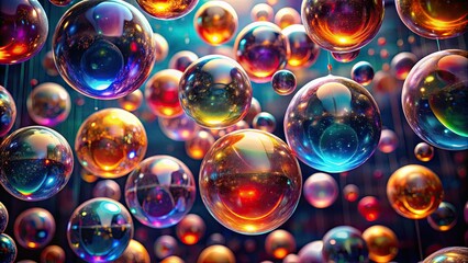 Naklejka premium Vibrant, translucent orbs of various sizes and opacities suspended in mid-air, creating a mesmerizing, abstract background with a sense of depth and visual interest.