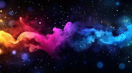 Obraz premium Abstract colorful smoke with a dark background, blurred lights and white dots.