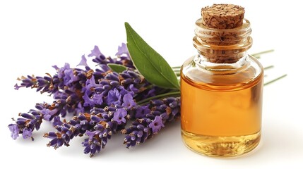 Pure Relaxation: Glass Bottle of Lavender Essential Oil with a Fresh Sprig, Isolated on a White Background