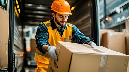 Employee in Safety Gear Loading Packages for Delivery