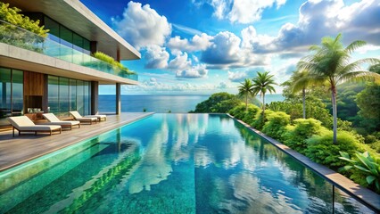 Obraz premium Vibrant turquoise water ripples in a serene infinity pool, surrounded by lush greenery and sleek modern architecture, evoking feelings of luxury and relaxation.