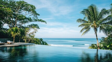 Obraz premium Serene Tropical Resort by the Ocean with Palm Trees