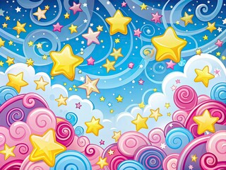 Obraz premium Vibrant, whimsical cartoon background featuring swirling clouds, stars, and confetti in shades of pink, blue, and yellow, perfect for children's parties and celebrations.