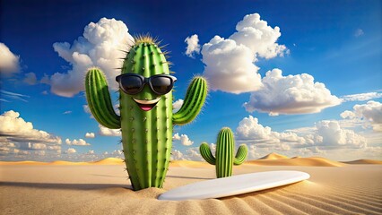 Vibrant, whimsical cartoon cactus character with smiling face, wearing sunglasses and holding a surfboard, standing on a sunny desert landscape with fluffy white clouds.