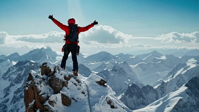 Triumphant Mountaineer Celebrates Summit on Snowy Mountain Peak