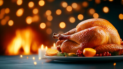 Fototapeta premium A beautifully roasted turkey served on a plate, with warm festive lights in the background, creating a cozy atmosphere.