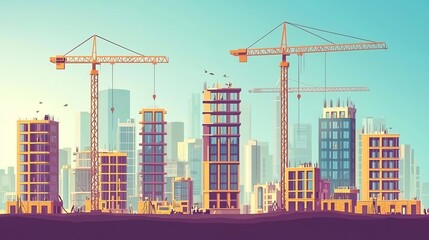 Obraz premium Construction site with cranes and buildings under development against a city skyline.