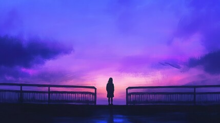 Silhouette of Woman at Sunset on a Purple Sky, Digital Art, Painting.