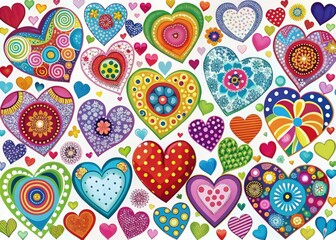 Naklejka premium Vibrant, whimsical clip art featuring assorted colorful hearts in various sizes, shapes, and patterns, perfect for expressing love, affection, and Valentine's Day sentiments.