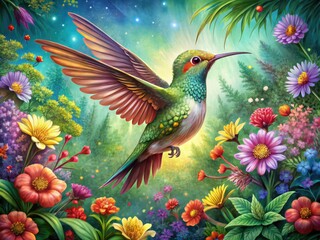 Fototapeta premium Vibrant, whimsical illustration of a delicate hummingbird in mid-flight, surrounded by lush greenery and colorful flowers, with intricate details and playful textures.