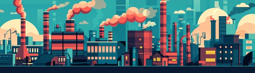 Fototapeta premium Colorful industrial landscape with factories and smoke stacks, modern graphic style.