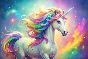Fototapeta premium Vibrant, whimsical illustration of a majestic unicorn with shimmering rainbow mane and tail, set against a soft, pastel-hued background with subtle glitter accents.