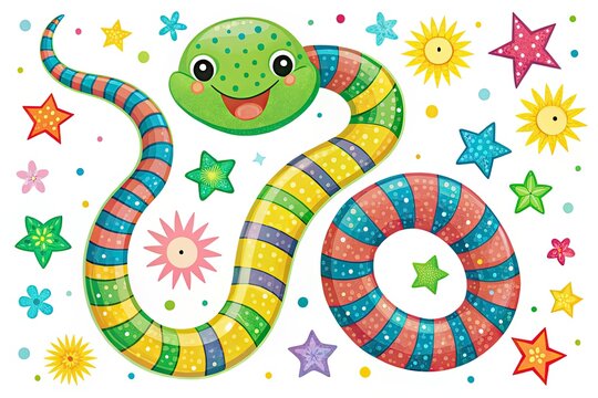 Vibrant, whimsical illustration of a smiling, curvy snake with bright green and blue stripes, surrounded by playful stars and colorful polka dots on a white background.