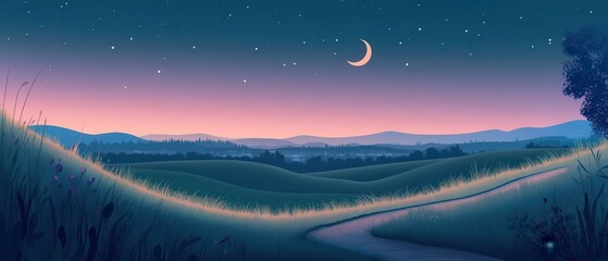 Serene Night Landscape with Crescent Moon, Stars, and Rolling Hills - Digital Illustration.