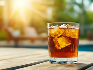 A refreshing glass of iced drink on a wooden table, with sunlight creating a warm atmosphere.