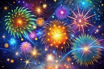 Fototapeta premium Vibrant, whimsical illustration of colorful fireworks exploding in a starry night sky, surrounded by swirling patterns and subtle sparks, perfect for celebratory designs.