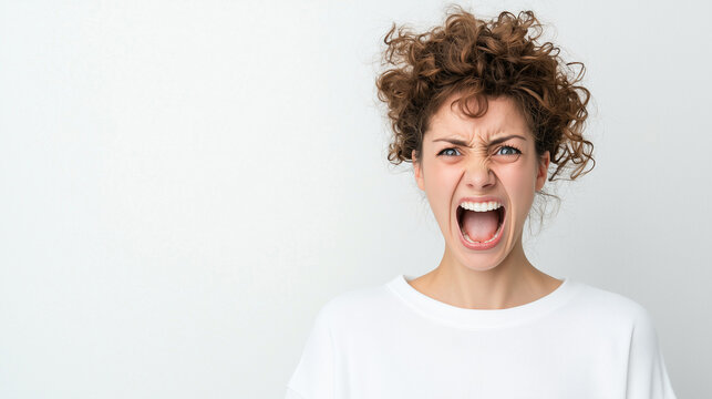 Angry Woman Portrait: Frustration and outrage captured in a close-up shot of a young woman with curly hair, her mouth wide open in a scream. The intensity of her expression conveys raw emotion.
