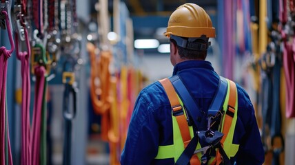 Obraz premium Worker in safety gear observing colorful lifting equipment, focus on safety measures.