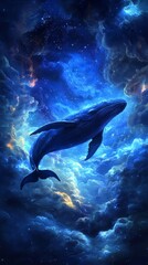 Fototapeta premium Majestic blue whale swimming through cosmic clouds