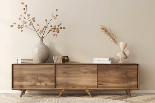 Warm and Cozy Living Room Interior Design with Brown Sideboard, Stylish Sculpture, Gray Vase with Branch, Personal Accessories, Home Decor