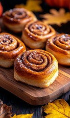 Freshly Baked Cinnamon Rolls on Wooden Cutting Board