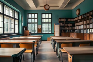 Fototapeta premium An empty classroom with many desks and bookshelves