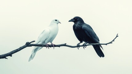 Obraz premium White Dove and Black Raven on Branch - Symbol of Peace and Darkness.