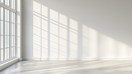 Fototapeta premium Sunlight streams through a large window, casting long shadows on a white wall and wooden floor in an empty room.