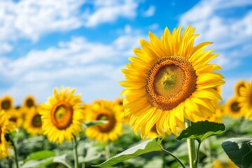 Obraz premium Vibrant sunflowers stretch towards the bright blue sky in an expansive field during a warm summer afternoon. Generative AI